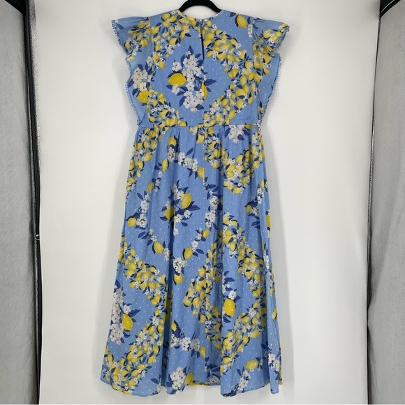 Ann Taylor Tall Ruffle Sleeve Lemon Dotted Swiss Blue Midi Dress Summer 22 Sz M - Picture 7 of 14